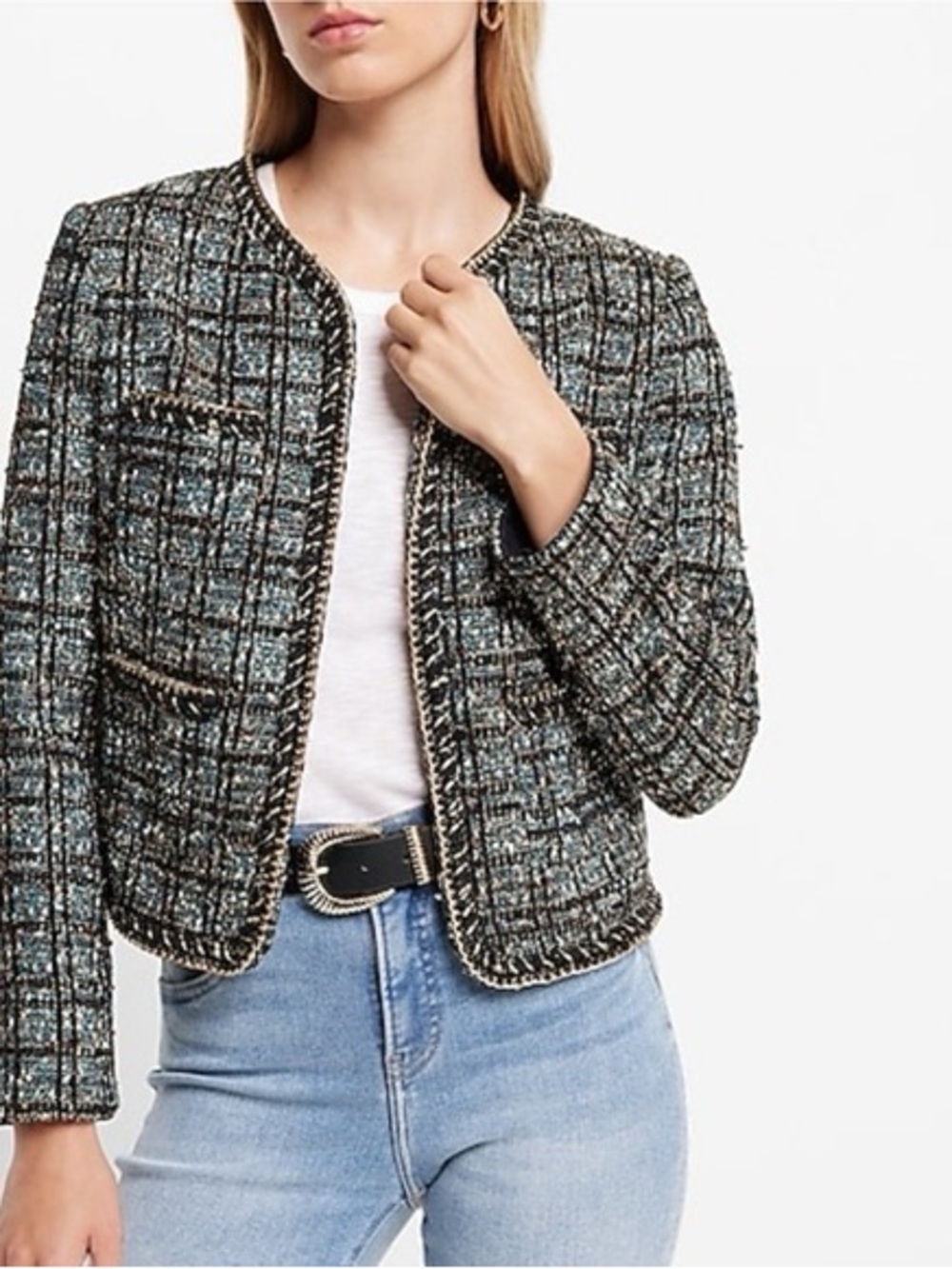 Express Women's Black & Blue Tweed Cropped Jacket